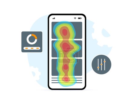 Ilustración de Mobile App Heatmap. Visualice las interacciones del usuario dentro de la aplicación. Concepto de herramienta de análisis SEO del sitio web. Analice los movimientos de los dedos y el mapa de calor del seguimiento ocular para los dispositivos móviles de comportamiento del cliente. - Imagen libre de derechos