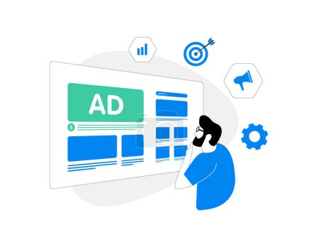 Präzision im Marketing mit programmatischer Werbung und nativem Targeting - Nutzung automatisierter Prozesse für optimale Anzeigenplatzierung und Publikumsbindung. Vektorabbildung auf weißem Hintergrund