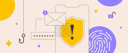 E-Mail-Phishing, mobiler Betrugsalarm, Betrug Malware-Benachrichtigungskonzept. Schützen Sie sich vor Spam-E-Mails, Haken-Trojanern und Online-Bedrohungen. Vektor isolierte Illustration auf weißem Hintergrund mit Symbolen.