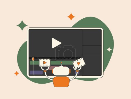 Illustration for Ai Video Editor - Automatic ai-powered video editing and generator software. Procedurally generated content using neural networks. AI tools for video editing vector illustration on white background. - Royalty Free Image