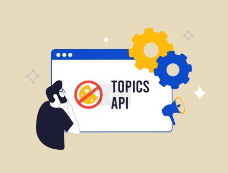Themen API-datenschutzorientierte Werbelösung, Cookieloses Tracking. Ad Targeting durch Kategorisierung von Inhalten, Automatisierung der Themenanalyse für effektivere Werbekampagnen. Vektorillustration.
