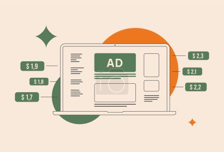 Prebid - header bidding technology enhances programmatic advertising monetization. Boost transparency and maximizes revenue for ads publishers. Outline vector isolated illustration on white background