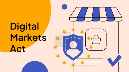 Erforschen Sie die Auswirkungen des Digital Markets Act, des wegweisenden DMA-Gesetzes der EU, das die Dynamik der Technologiebranche umgestaltet, fairen Wettbewerb fördert und Regulierungen für Online-Plattformen durchsetzt. Vektorillustration.