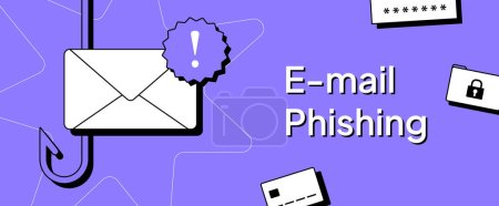 E-Mail-Phishing - erhalten Sie mobile Betrugswarnungen und bleiben Sie wachsam gegen Betrugsbenachrichtigungen. Verteidigen Sie sich gegen Spam, Trojaner und Online-Bedrohungen. Vektor isolierte Illustration auf violettem Hintergrund.