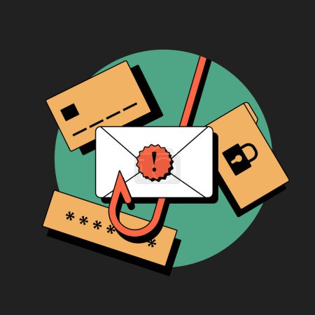 E-Mail-Phishing-Symbol. Betrug E-Mail-Warnung, Betrug Malware Benachrichtigungskonzept. E-Mail-Spam-Nachrichten mit Haken-Trojanern. Vektor isolierte Illustration auf schwarzem Hintergrund mit Symbolen.
