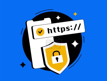 Secure website concept, HTTPS padlock, SSL certificate, internet security, https encrypted connection, online data protection. Isolated vector illustration on blue background with icons.