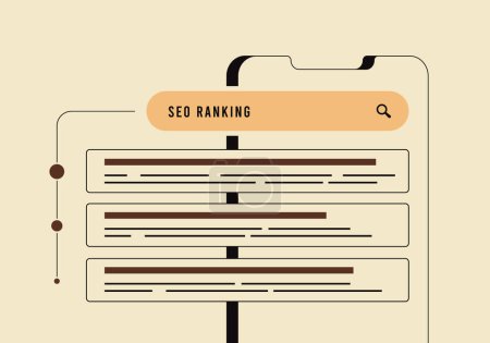 Ranking de motores de búsqueda - Análisis SEO y factores de éxito de optimización de búsqueda. Top SEO ranking resultados contorno vector ilustración con iconos sobre fondo blanco.