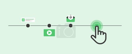 Last-click attribution in digital marketing. Simplified funnel structure tracks customer journey, highlighting key touchpoints. Vector illustration with icons on white background.
