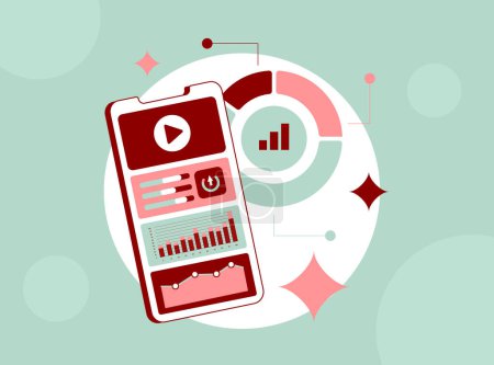 Infographic with stats dashboard on mobile video growth. Video analytics charts with rising viewership, session length, top videos, essential metrics for effective mobile ad campaigns.