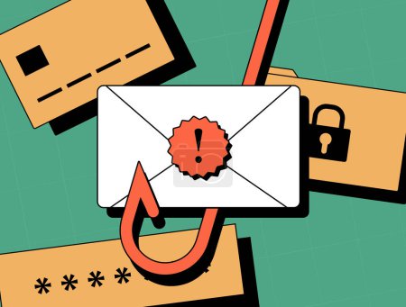 Illustration von E-Mail-Phishing - Betrugsalarm und Benachrichtigung über Malware. Betrügerische E-Mails mit Haken und Trojaner-Viren, die die Risiken von E-Mail-Spam hervorheben. Vektorillustration, Neobrutalismus-Design.