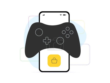 Mobile gaming purchase, in-app transactions concept. Gaming app payments, microtransactions in games, Purchasing upgrades, items and virtual goods. Joystick vector icon on mobile phone background.