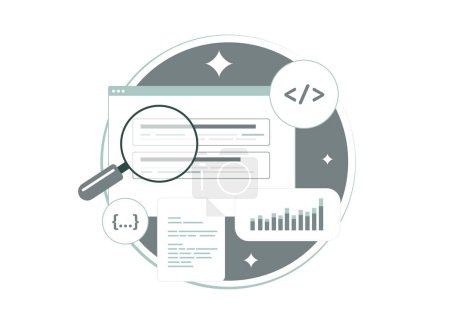 Technical SEO - audit, code optimization, improve ranking factors with on-page and off-page seo. Web site speed, mobile optimization, structured data and analytics. Vector illustration with icons.