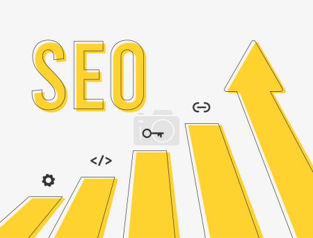 SEO strategy concept illustration. Search engine optimization with keyword research, technical audit, off-page and on-page SEO, backlinks and keyword ranking monitoring.