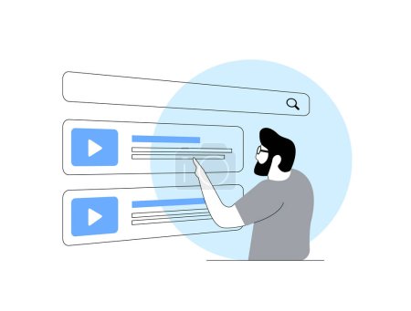 Personalized video marketing. Man clicks on automatically selected video based on his preferences. Personalized targeted video marketing strategy with custom tape ads. Isolated vector illustration.