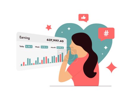 SMM analytics with engaging visuals and Influencer Marketing Statistics. Young girl influencer looks at stats and earnings graphs. Engagement rates and affiliate marketing strategy vector illustration