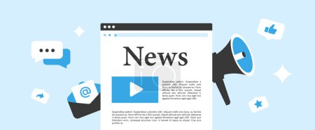 Strategic news article marketing concept for MarTech content, advertising news, social media strategy. Brand presence with press releases, article publication. Horizontal header vector illustration.