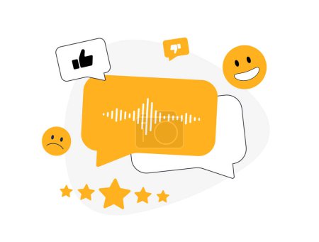 Voice of Customer - VoC data collects customer feedback. VoC analysis, survey and insights visual. Customer experience feedback flat vector illustration with icons.