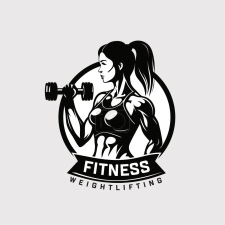 Illustration for Fitness club logo or emblem with woman silhouette. Woman holds dumbbells. Vector illustration Isolated on white background. - Royalty Free Image