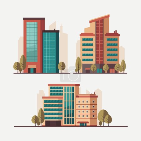 Ilustración de Ilustración vectorial en estilo plano geométrico simple. Paisaje urbano con edificios, oficinas, rascacielos, centros de negocios - Imagen libre de derechos