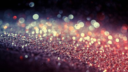 Photo for Neon bokeh background with various colors on black. Blur halftone glitter texture. Blurry night lights retro glow. - Royalty Free Image