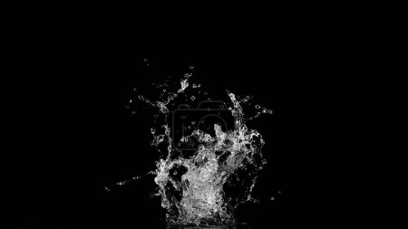 Wasserspritzer isoliert auf schwarzem Hintergrund. Gefrierbewegung explodierenden Wassers in der Luft.