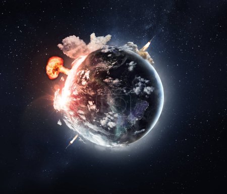 Photo for World War III. Atomic explosion on planet earth, view from space. Air strike missiles. Bomb blast. Hydrogen bomb. Nuclear mushroom. Elements of this image are furnished by NASA - Royalty Free Image