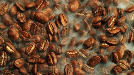 Téléchargez les photos : Coffee beans beying roasted, closeup. Abstract coffee background with whole beans. - en image libre de droit