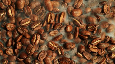 Foto de Coffee beans beying roasted, closeup. Abstract coffee background with whole beans. - Imagen libre de derechos