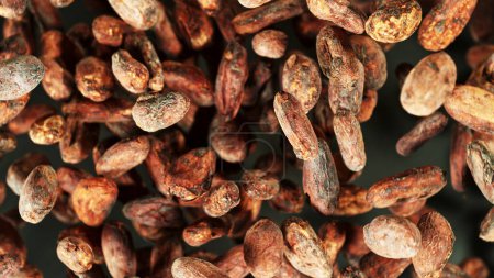 Téléchargez les photos : Haricots de cacao volant dans l'air en mouvement de gel isolé sur fond brun - en image libre de droit