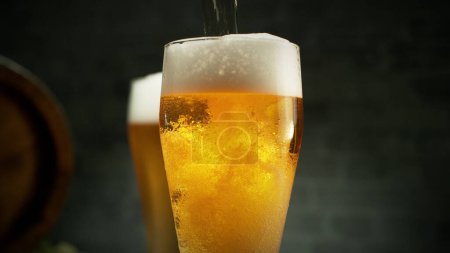 Téléchargez les photos : Glass of light beer on wooden table. Still life shot with wooden keg on background. - en image libre de droit