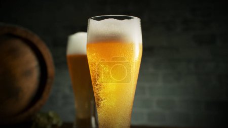 Téléchargez les photos : Glass of light beer on wooden table. Still life shot with wooden keg on background. - en image libre de droit
