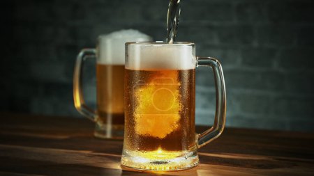 Téléchargez les photos : Glass of light beer pouring on wooden table. Studio shot with isolated glass of beer. - en image libre de droit