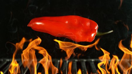 Téléchargez les photos : Barbecue Grill WIth Falling Red Pepper. Barbecue grille de feu sur fond noir. - en image libre de droit