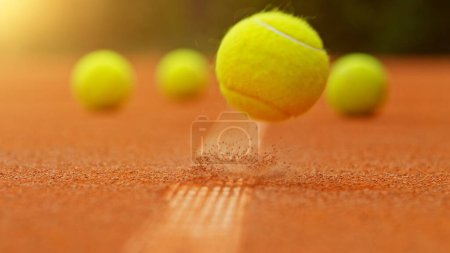 Téléchargez les photos : Geler le mouvement de la balle de tennis volant dans le court. La balle tombe sur la ligne. - en image libre de droit