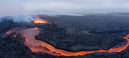 Photo for Aerial Panoramic view of Volcano Eruption, Litli-Hrtur Hill, Fagradalsfjall Volcano System in Iceland. Reykjanes Peninsula. High Resolution Ultra Wide Image. - Royalty Free Image