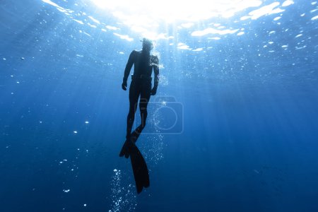 Photo for Freediver Swimming in Deep Sea With Sunrays. Young Man DIver Eploring Sea Life. - Royalty Free Image