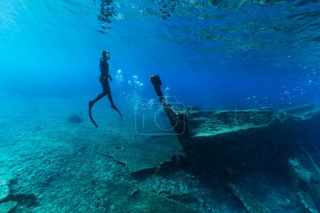 Foto de Freediver Natación en aguas profundas y exploración de naufragios. Joven buceador Eploring Sea Life. - Imagen libre de derechos