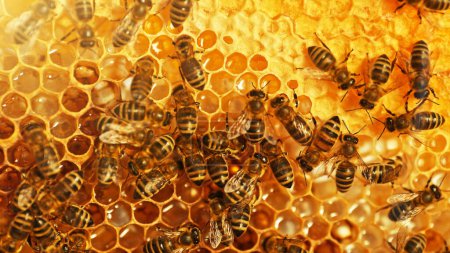 Photo for Closeup of honey bees on wax honeycomb with hexagonal cells for apiary and beekeeping concept background - Royalty Free Image