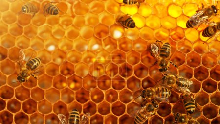 Téléchargez les photos : Gros plan d'abeilles mellifères sur nid d'abeille en cire avec des cellules hexagonales pour le rucher et l'apiculture concept fond - en image libre de droit