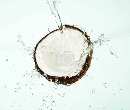 Foto de Coco agrietado con salpicadura de agua volando en el aire, aislado sobre fondo blanco. - Imagen libre de derechos