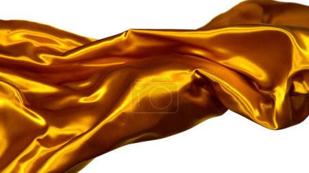 Foto de Paño de raso dorado elegante liso separado sobre fondo blanco. Textura de tela voladora, movimiento de congelación. - Imagen libre de derechos