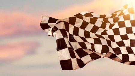 Photo for Checkered Racing Flag against Sunset Sky. Dramatic Background with Racing Sign. - Royalty Free Image