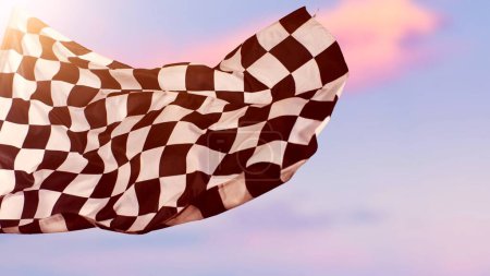 Foto de Checkered Racing Flag against Sunset Sky (en inglés). Fondo dramático con signo de carreras. - Imagen libre de derechos