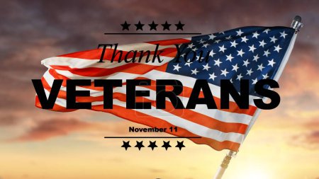 Téléchargez les photos : Joyeuse journée des anciens combattants. Drapeau américain avec le texte Merci vétérans dans un ciel arrière-plan. 11 novembre. - en image libre de droit