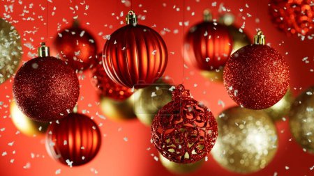 Photo for Decorative Christmas Balls Hanging with Glitters Falling Down. Abstract Celebration Background. - Royalty Free Image