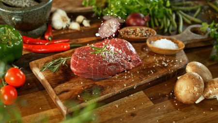 Photo for Raw Beef Steak Served on Wooden Cutting Board. Delicious Meat with Vegetable on Background. - Royalty Free Image
