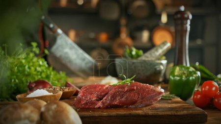 Téléchargez les photos : Steak de boeuf cru servi sur planche à découper en bois. Délicieuse viande avec des légumes sur fond. - en image libre de droit