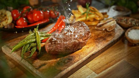 Photo for Beef Steak with Grain Salt Falling. Delicious Meat with Vegetable and Fries on Background. - Royalty Free Image