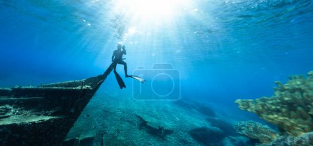 Téléchargez les photos : Plongeur assis sur une épave dans une mer peu profonde avec de l'herbe marine. Jeune homme plongeur déplorant la vie en mer. - en image libre de droit