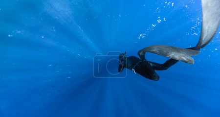 Téléchargez les photos : Plongeur nageant en haute mer avec les rayons du soleil. Jeune homme plongeur déplorant la vie en mer. - en image libre de droit